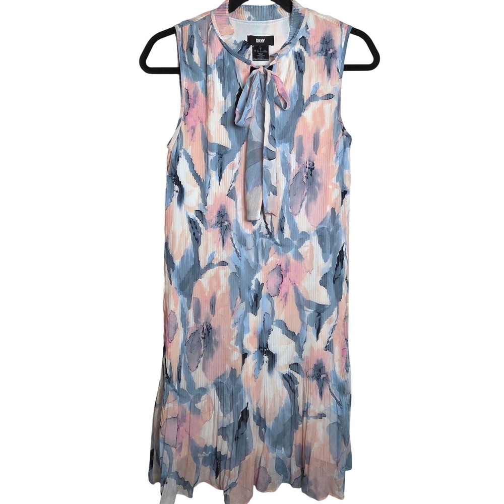 DKNY Sleeveless‎ Shift Dress Tie Neck Pleated Chiffon Floral Knee Length